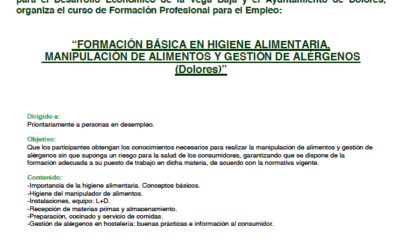 “FORMACIÓN BÁSICA EN HIGIENE ALIMENTARIA, MANIPULACIÓN DE ALIMENTOS Y GESTIÓN DE ALÉRGENOS (Dolores)”