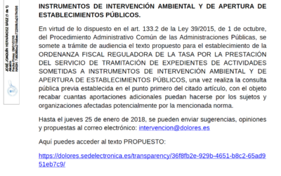 ANUNCIO TRÁMITE AUDIENCIA SOBRE EL PROYECTO DE LA ORDENANZA FISCAL REGULADORA DE LA TASA POR LA PRESTACIÓN DEL SERVICIO DE TRAMITACIÓN DE EXPEDIENTES DE ACTIVIDADES SOMETIDAS A INSTRUMENTOS DE INTERVENCIÓN AMBIENTAL