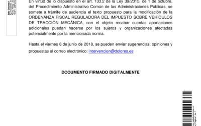 ANUNCIO TRÁMITE DE AUDIENCIA SOBRE EL PROYECTO DE MODIFICACIÓN DE LA ORDENANZA FISCAL REGULADORA DEL IMPUESTO SOBRE VEHÍCULOS DE TRACCIÓN MECÁNICA