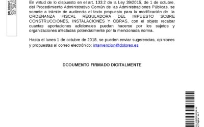 ANUNICO TRÁMITE DE AUDIENCIA SOBRE EL PROYECTO DE LA MODIFICACIÓN DE LA ORDENANZA FISCAL REGULADORA DEL IMPUESTO SOBRE CONSTRUCCIONES, INSTALACIONES Y OBRAS.