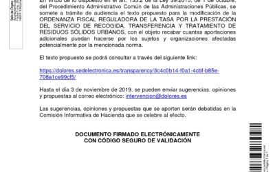 ANUNCIO TRÁMITE DE AUDIENCIA SOBRE EL PROYECTO DE MODIFICACIÓN DE LA ORDENANZA FISCAL REGULADORA DE LA TASA POR LA PRESTACIÓN DEL SERVICIO DE RECOGIDA, TRANSFERENCIA Y TRATAMIENTO DE RESIDUOS SÓLIDOS URBANOS.