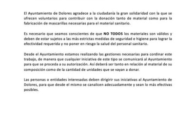 COMUNICADO OFICIAL DEL AYUNTAMIENTO DE DOLORES EN REFERENCIA A LA DONACIÓN DE MATERIAL POR EL COVID19
