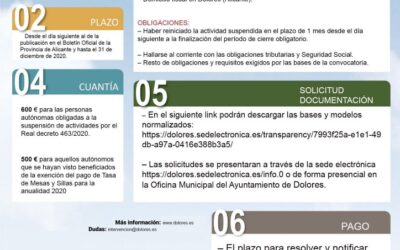 CONVOCATORIA DE AYUDAS A AUTÓNOMOS Y PYMES POR EL CIERRE DE LOCALES O ESTABLECIMIENTOS EN EL MUNICIPIO DE DOLORES MOTIVADO POR EL CESE DE ACTIVIDAD TRAS LA ENTRADA EN VIGOR DEL REAL DECRETO 463/2020, DE 14 DE MARZO, POR EL QUE SE DECLARA EL ESTADO DE ALARMA PARA LA GESTIÓN DE LA SITUACIÓN DE CRISIS SANITARIA OCASIONADA POR EL COVID-19.