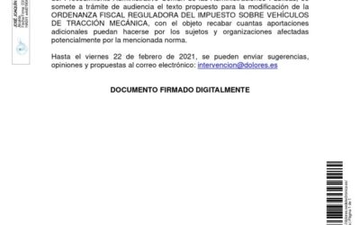 ANUNCIO TRÁMITE DE AUDIENCIA SOBRE EL PROYECTO DE MODIFICACIÓN DE LA ORDENANZA FISCAL REGULADORA DEL IMPUESTO SOBRE VEHÍCULOS DE TRACCIÓN MECÁNICA.