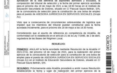 Anuncio resolución anulación fecha primer ejercicio de la convocatoria de selección para la constitución de una bolsa de empleo para el puesto de ASESOR/A JURÍDICO/A EN SERVICIOS SOCIALES