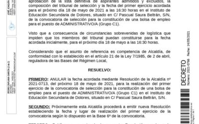 Anuncio Resolución anulación fecha primer ejercicio convocatoria de selección para la constitución de una bolsa de empleo para el puesto de ADMINISTRATIVO/A