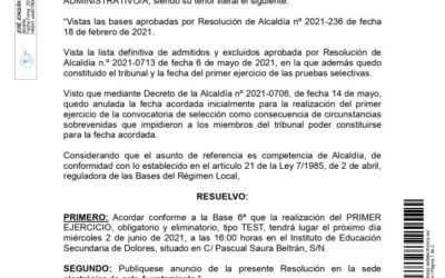 Anuncio fecha realización primer ejercicio de la convocatoria bolsa de empleo de administrativos/as