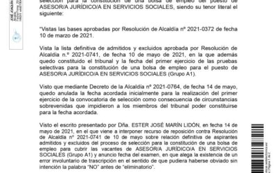 Anuncio fecha realización primer ejercicio de la convocatoria bolsa de empleo Asesor/a Jurídico/a en Servicios Sociales
