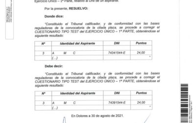 CORRECIÓN DE ERRORES ACTA Nº 1 – CORRECCIÓN CUESTIONARIO TIPO TEST DEL EJERCICIO ÚNICO – 1ª PARTE DEL PROCESO SELECTIVO PARA PROVEER EN PROPIEDAD UNA PLAZA DE PSICÓLOGO/A, DEL AYUNTAMIENTO DE DOLORES
