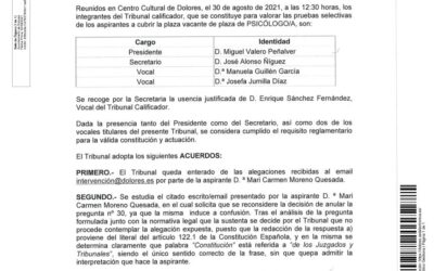 ACTA Nº 2 SOBRE ALEGACIONES CORRECCIÓN CUESTIONARIO TIPO TEST DEL EJERCICIO ÚNICO – 1ª PARTE DEL PROCESO SELECTIVO PARA PROVEER EN PROPIEDAD UNA PLAZA DE PSICÓLOGO/A, DEL AYUNTAMIENTO DE DOLORES