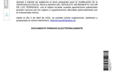 ANUNCIO TRÁMITE AUDIENCIA SOBRE EL PROYECTO MODIFICACIÓN DE ORDENANZA FISCAL REGULADORA DEL IMPUESTO INCREMENTO VALOR DE LOS TERRENOS DE NATURALEZA URBANA